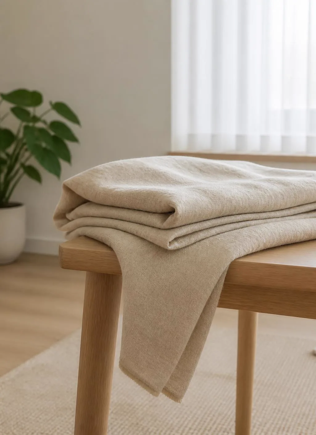 A folded linen throw over a pale oak table in a quiet room, lit by soft daylight